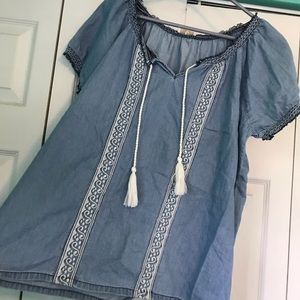 Denim and white blouse